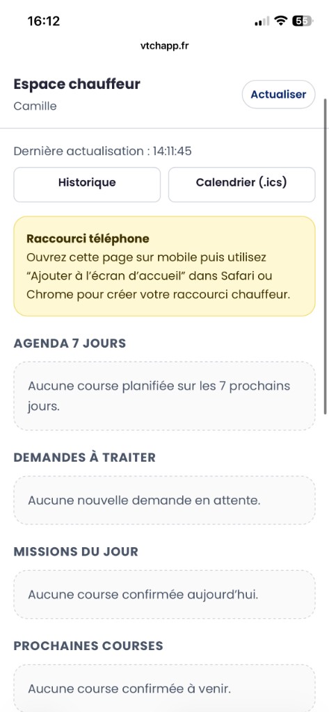 Portail chauffeur VTChapp sur smartphone : missions et réservations VTC